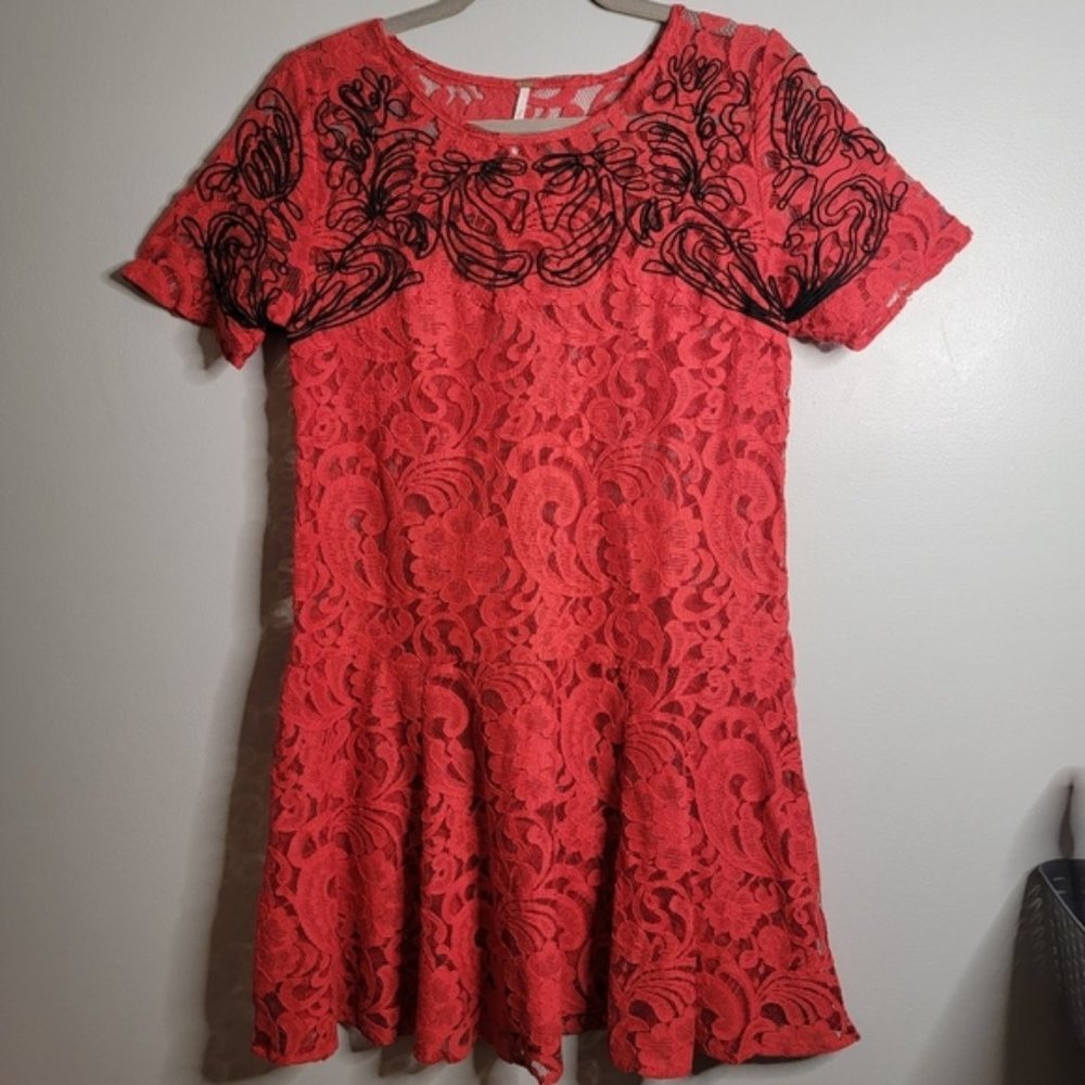 Free People Small Red Lace Overlay Dress w/ Ruffles